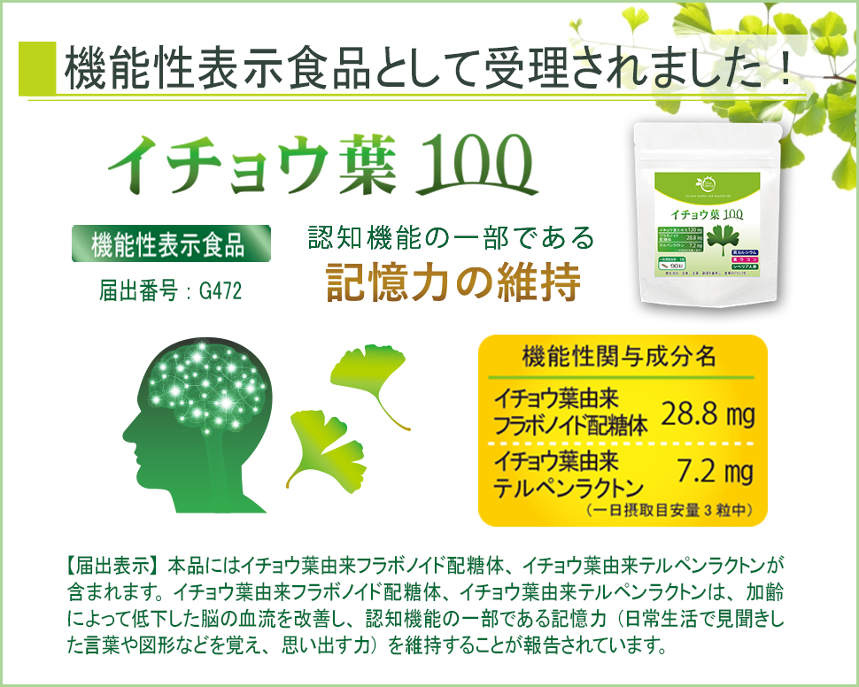 「イチョウ葉100」は、機能性表示食品として消費者庁に届出を受理されました！